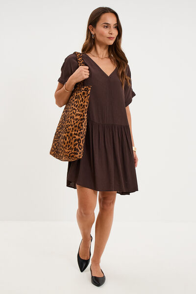 Robe courte fluide manches courtes marron fonc&eacute; femme