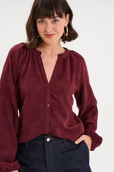 Blouse manches longues col V boutonn&eacute;e violet fonc&eacute; femme