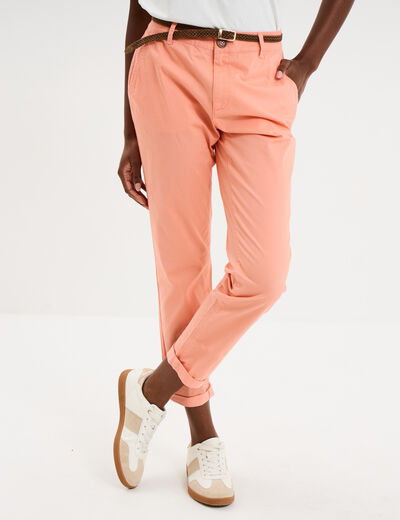 Pantalon chino 7/8&egrave;me ceinture tress&eacute;e orange corail femme