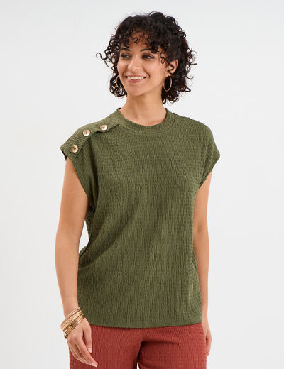 T-shirt col rond avec boutons vert kaki femme