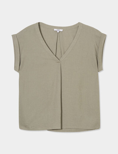 Blouse col V manches courtes lin mélangé vert kaki femme