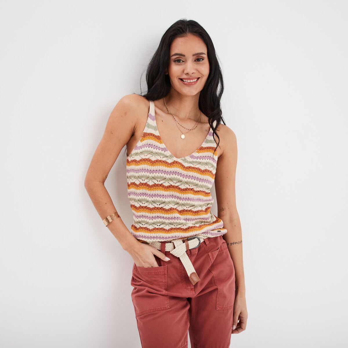 Débardeur tricot ajouré col en V blanc femme
