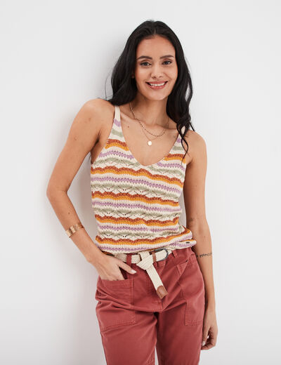 Débardeur tricot ajouré col en V blanc femme