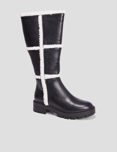 Bottes bandes fausse laine mouton noir femme