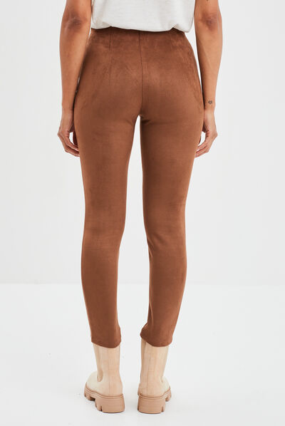 Pantalon suédine slim taille élastiquée marron foncé femme