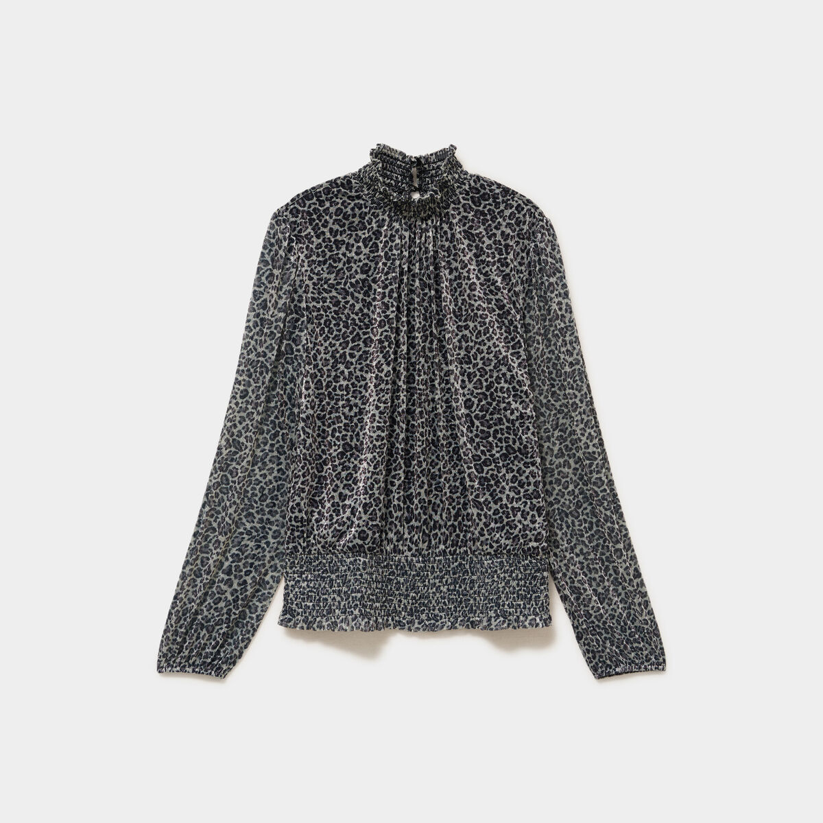 Blouse smock&eacute;e col montant gris argent femme