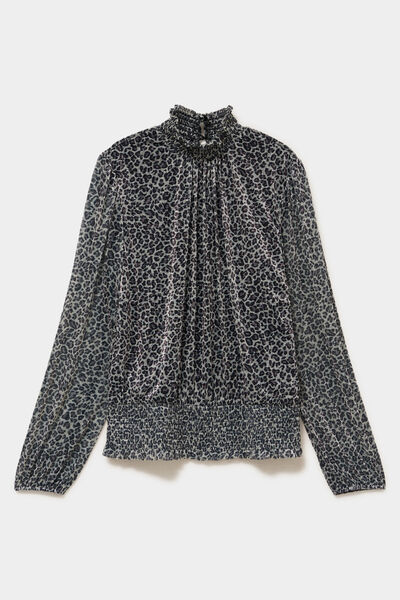 Blouse smock&eacute;e col montant gris argent femme