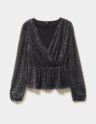 Blouse sequins avec col cache-coeur noir femme