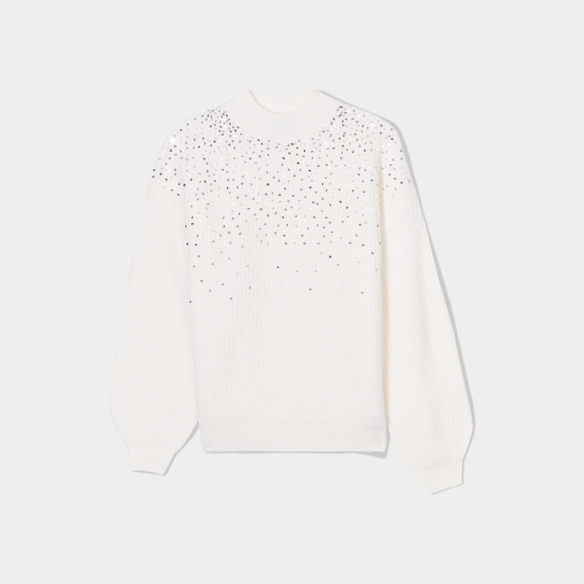 Pull côtelé à sequins et col montant blanc femme