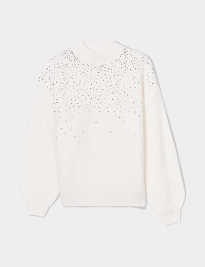Pull côtelé à sequins et col montant blanc femme