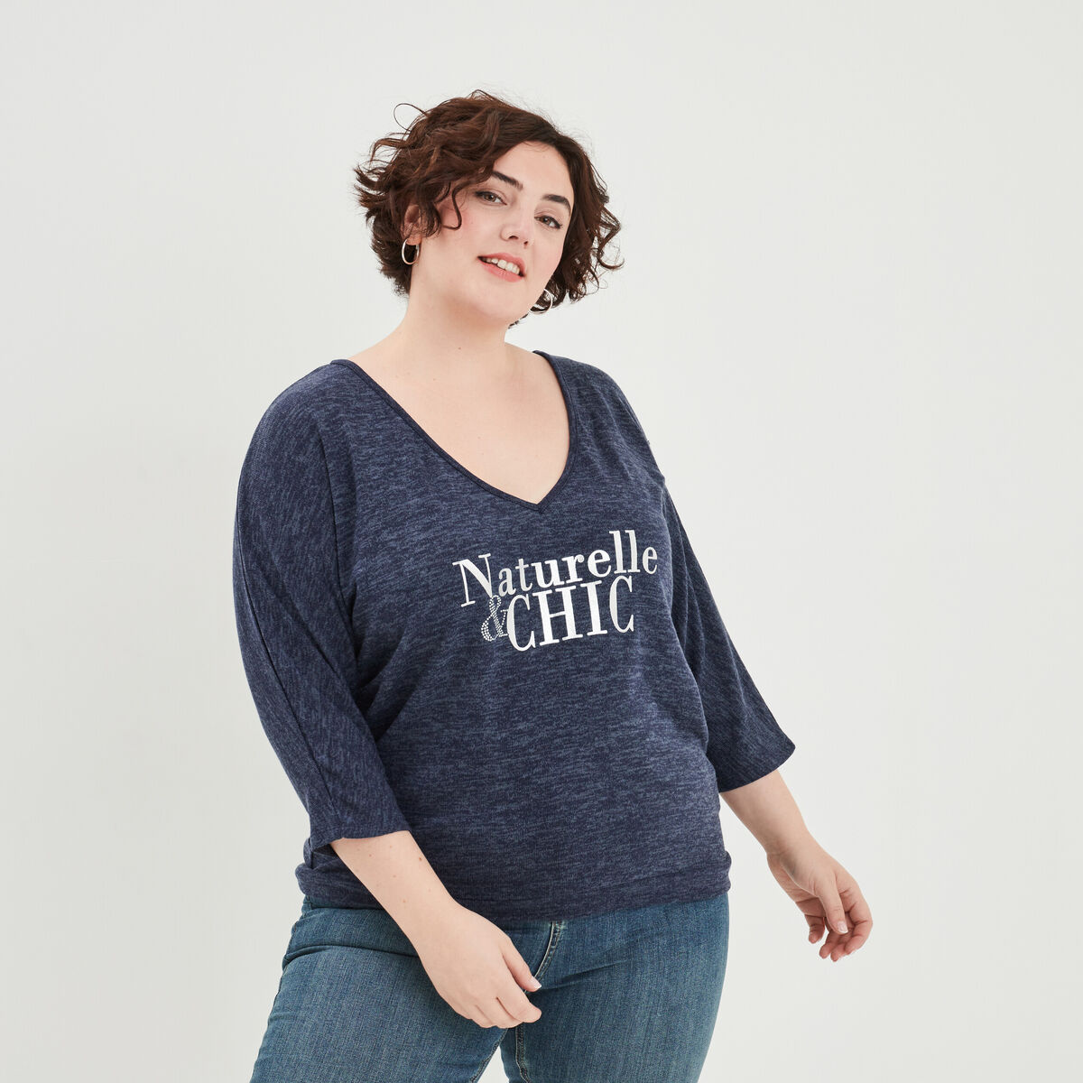 Pull manches 3/4 chauve-souris col V bleu marine femme grande taille