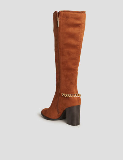 Bottes hautes détails chaînes à talons marron cognac femme