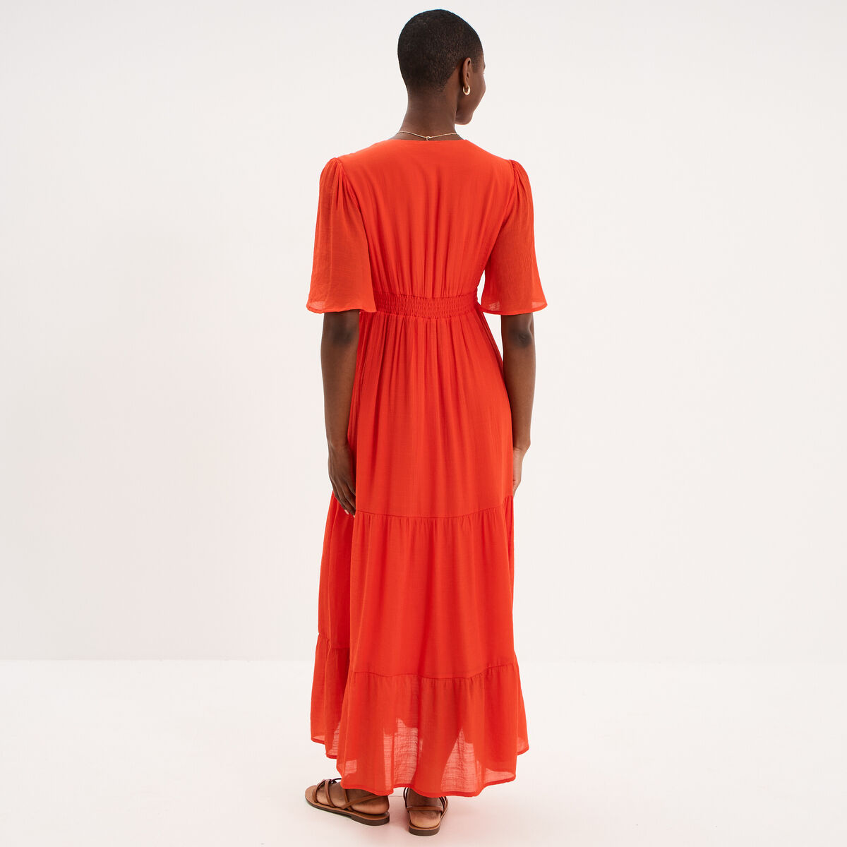Robe longue fluide &agrave; volants orange fonc&eacute; femme