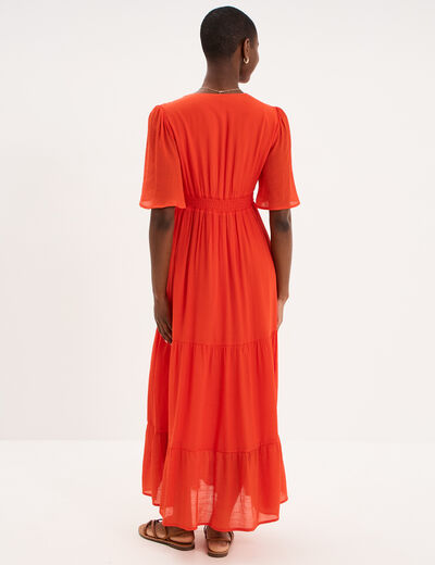 Robe longue fluide &agrave; volants orange fonc&eacute; femme