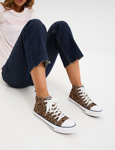 Tennis montantes &agrave; lacets en toile marron fonc&eacute; femme