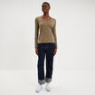 T-shirt col en V manches longues coton vert kaki femme