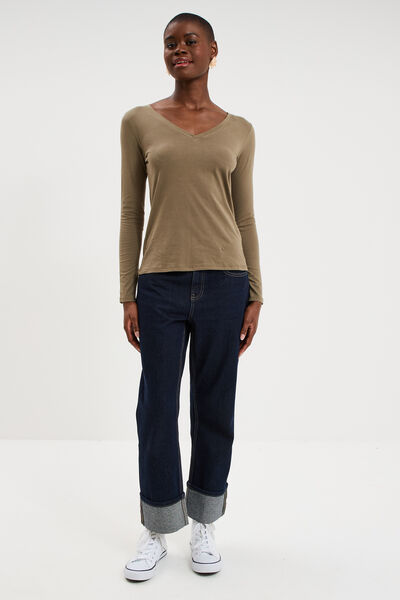 T-shirt col en V manches longues coton vert kaki femme