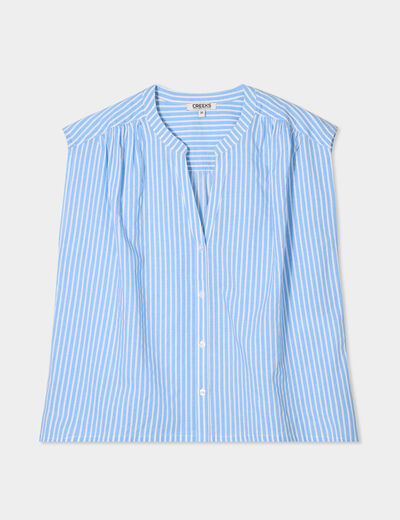 Blouse sans manches col tunisien bleu femme