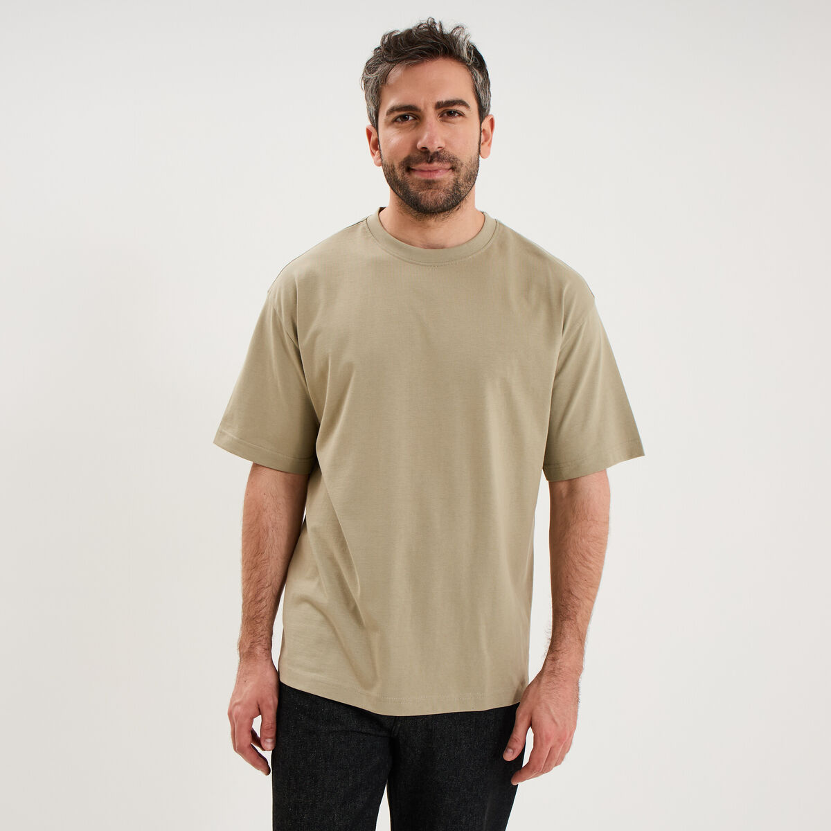 T-shirt col rond coupe relax coton &eacute;pais vert kaki homme