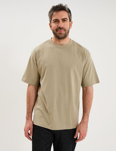 T-shirt col rond coupe relax coton &eacute;pais vert kaki homme