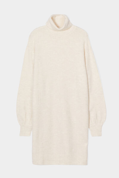 Robe pull col roulé courte droite creme femme