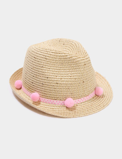 Chapeau de paille avec pompons sable fille