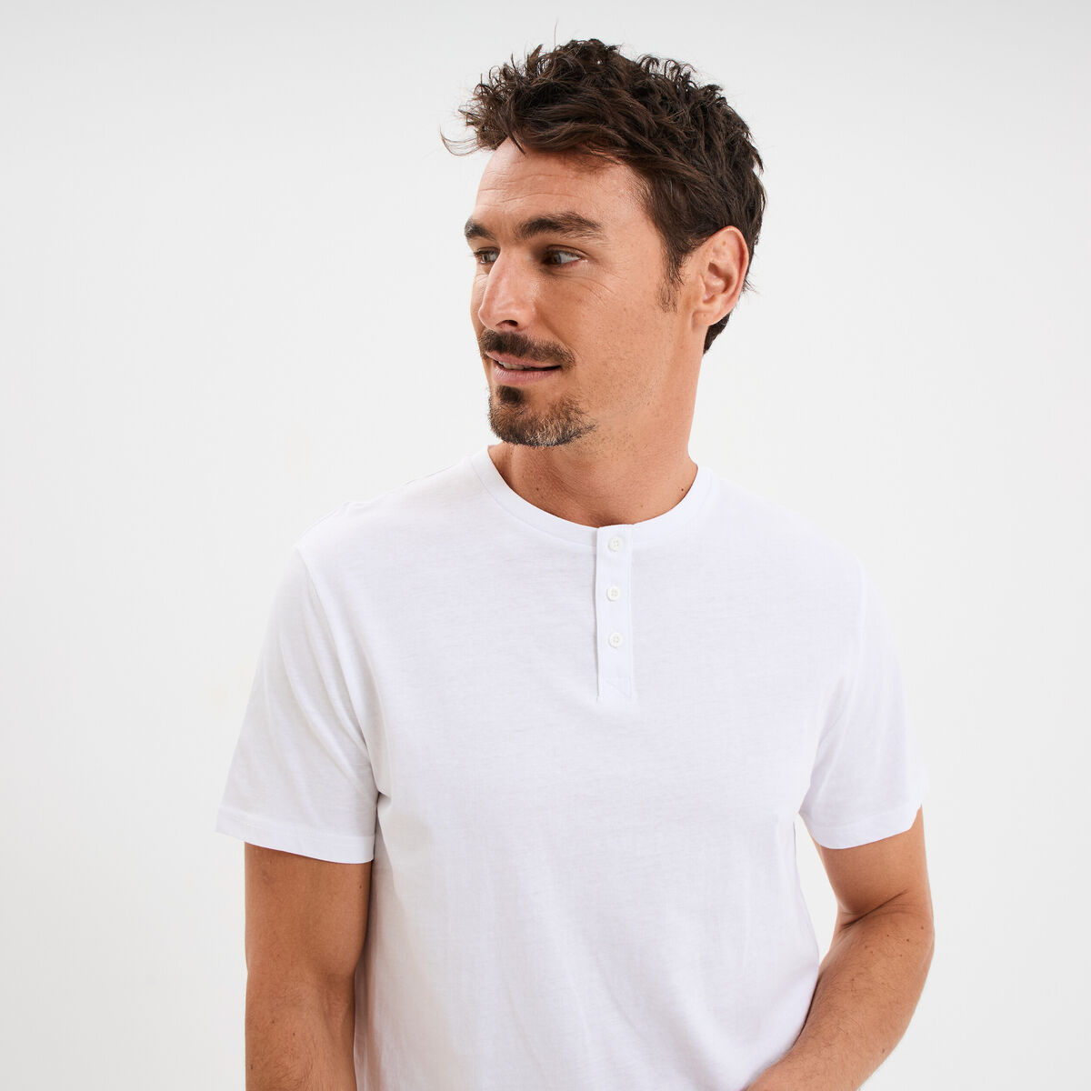 T-shirt col tunisien manches courtes blanc homme
