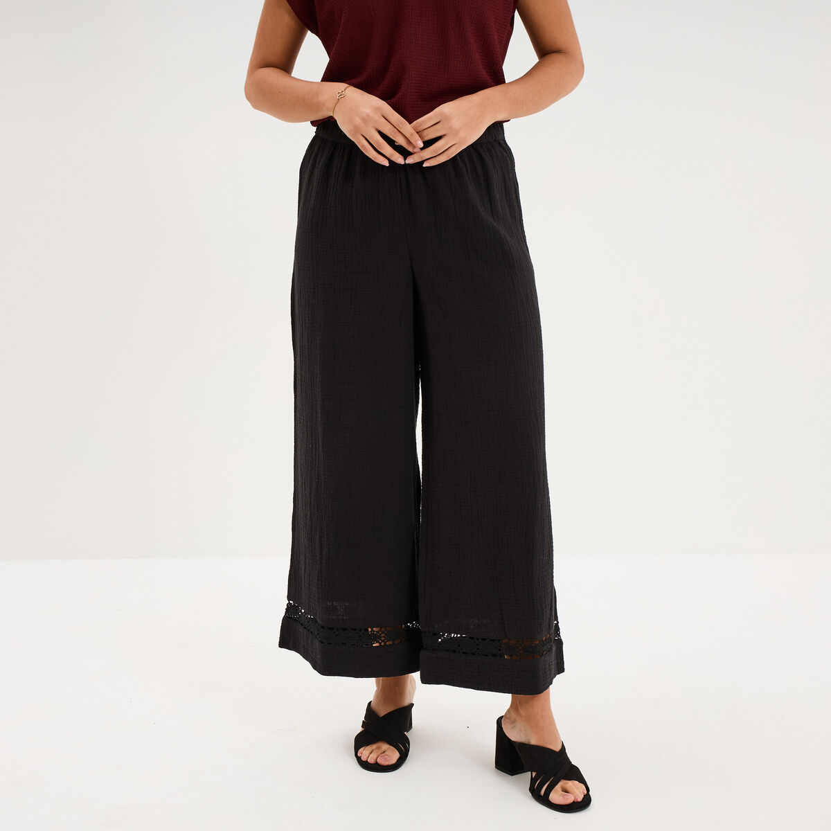Pantalon large &eacute;lastiqu&eacute;e gaze coton noir femme