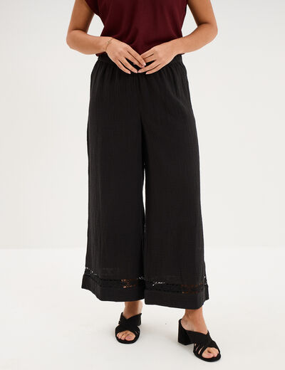 Pantalon large &eacute;lastiqu&eacute;e gaze coton noir femme