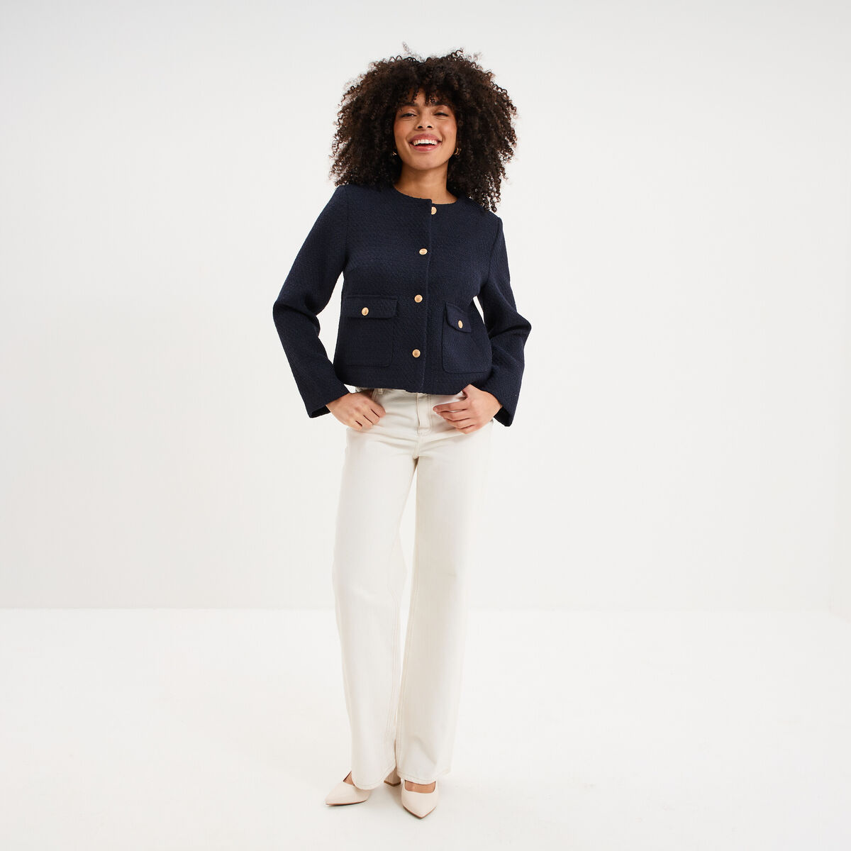 Veste effet tweed boutonn&eacute;e bleu fonc&eacute; femme