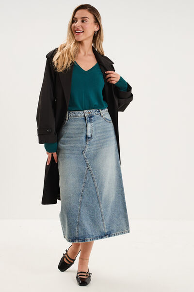 Pull col en V manches longues vert fonc&eacute; femme
