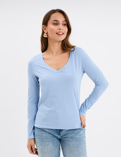 T-shirt col en V manches longues coton bleu clair femme