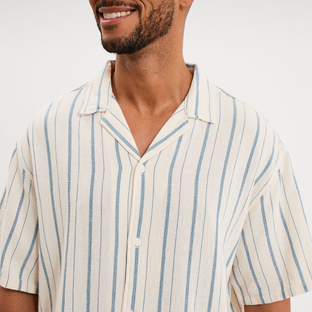 Chemise col cubain manches courtes coton bleu gris homme