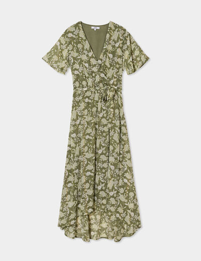 Robe longue évasée col cache-coeur vert kaki femme