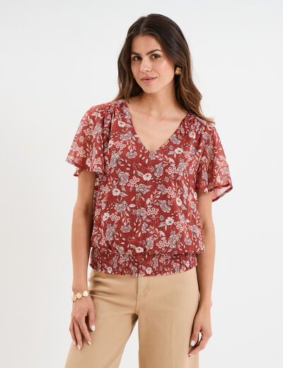 Blouse col en V taille élastiquée terracotta femme