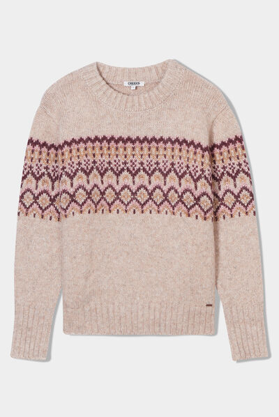 Pull jacquard col rond manches longues beige femme