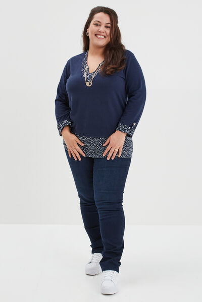 Pull col bijou effet 2-en-1 manches 3/4 bleu marine femme grande taille