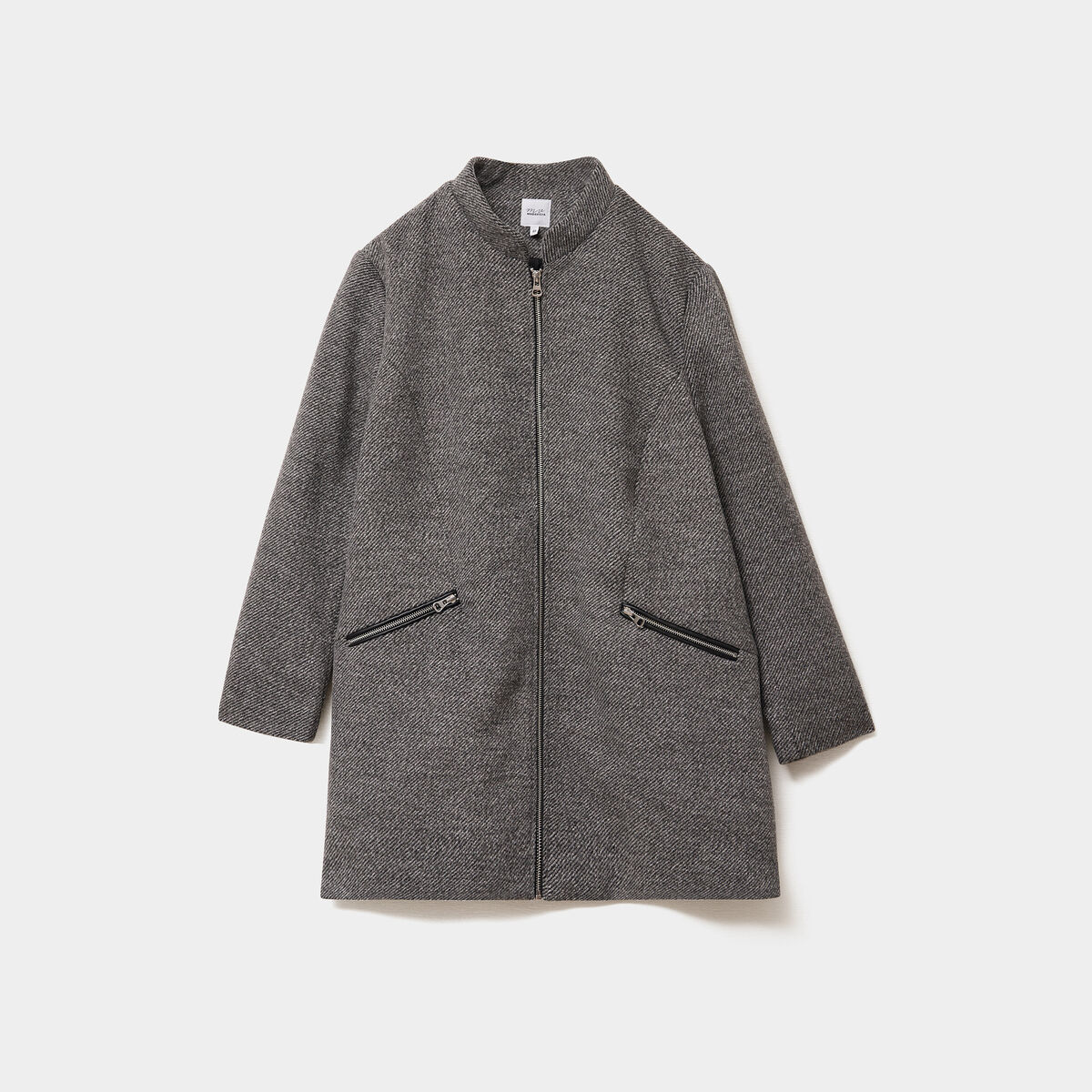 Manteau mi-long droit zippé col mao gris foncé femme grande taille