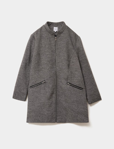Manteau mi-long droit zippé col mao gris foncé femme grande taille