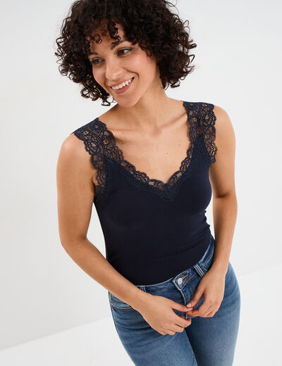 D&eacute;bardeur ajust&eacute; avec dentelle col V bleu fonc&eacute; femme
