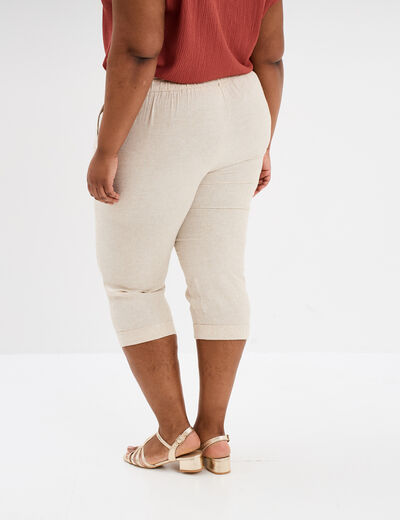 Pantacourt chino lin mélangé beige femme grande taille
