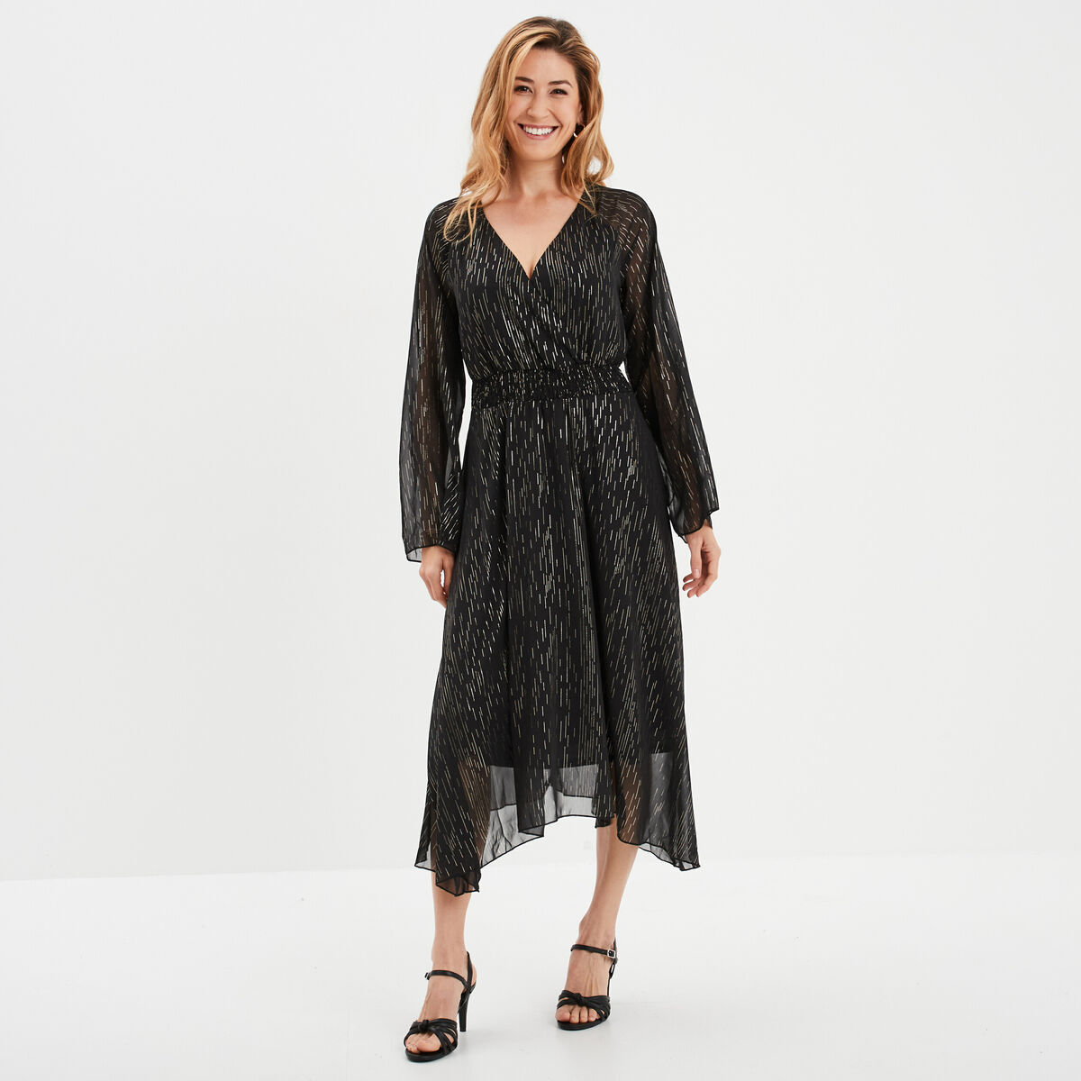 Robe longue évasée asymétrique noir femme