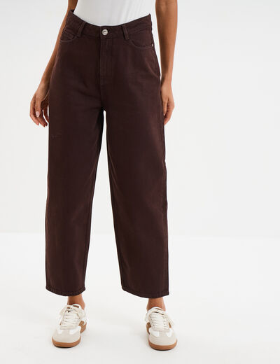 Jean balloon taille haute 7/8ème coton marron foncé femme
