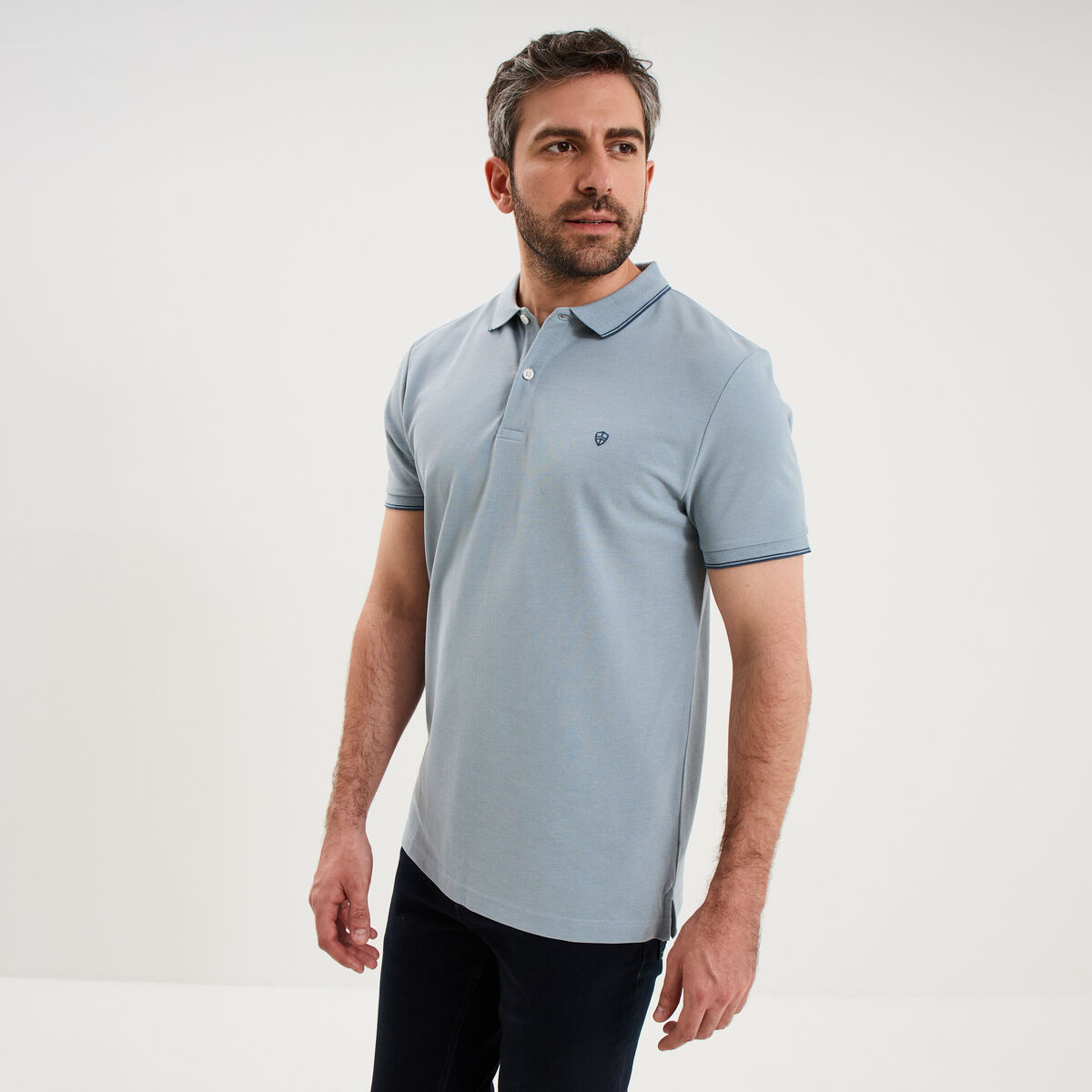 Polo piqu&eacute; coton manches courtes bleu gris homme