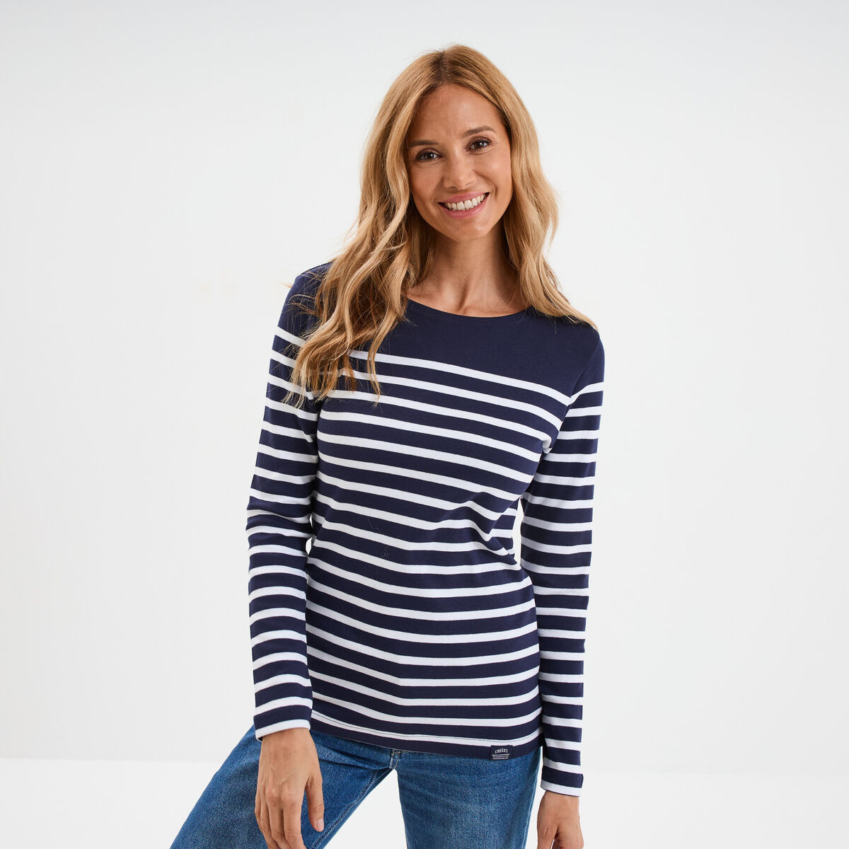 T-shirt manches longues col rond coton bleu marine femme
