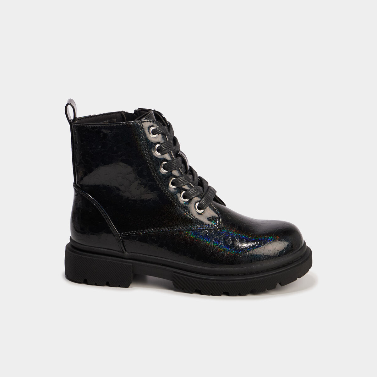 Boots crant&eacute;es vernies &agrave; paillettes noir fille