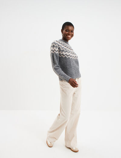 Pull col rond jacquard manches longues gris clair femme