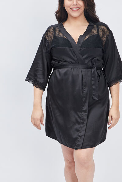 Déshabillé satiné grande taille noir femme grande taille