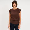 T-shirt fronc&eacute; gaufr&eacute; manches courtes marron fonc&eacute; femme