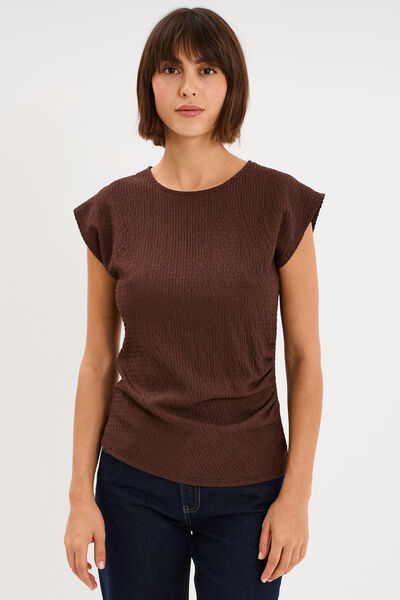 T-shirt fronc&eacute; gaufr&eacute; manches courtes marron fonc&eacute; femme